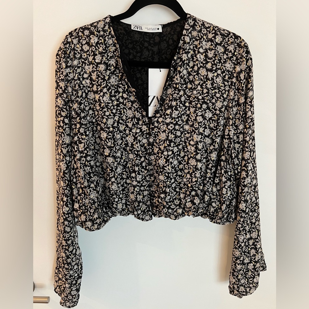 NWT Zara Black floral crop long sleeve top Size XL